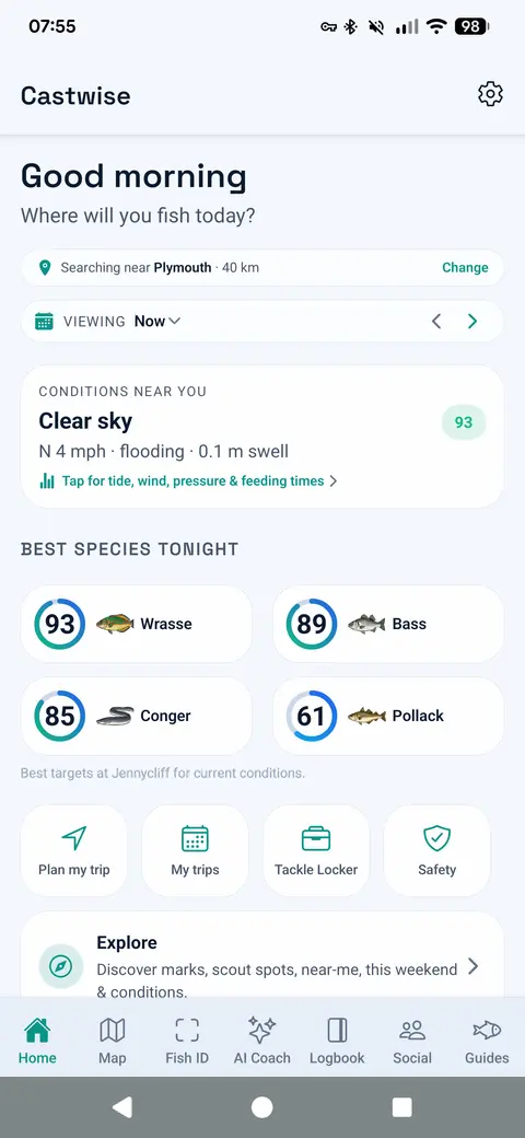 Castwise home screen showing shore fishing conditions and species outlook