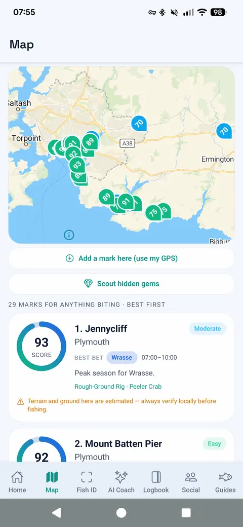 Castwise map screen showing shore fishing recommendation clusters