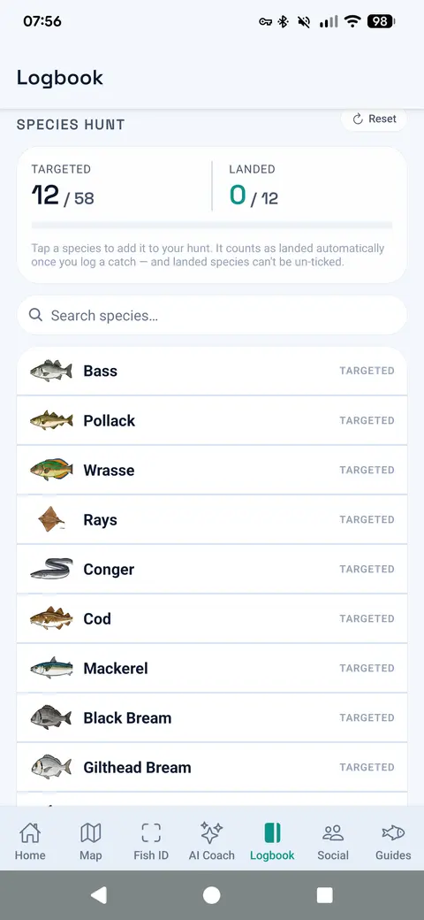Castwise Species Hunt screen showing UK sea species targets