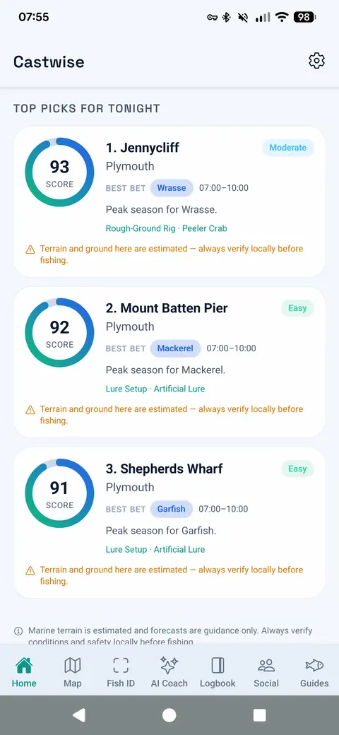 Castwise top picks screen showing scored shore fishing recommendations